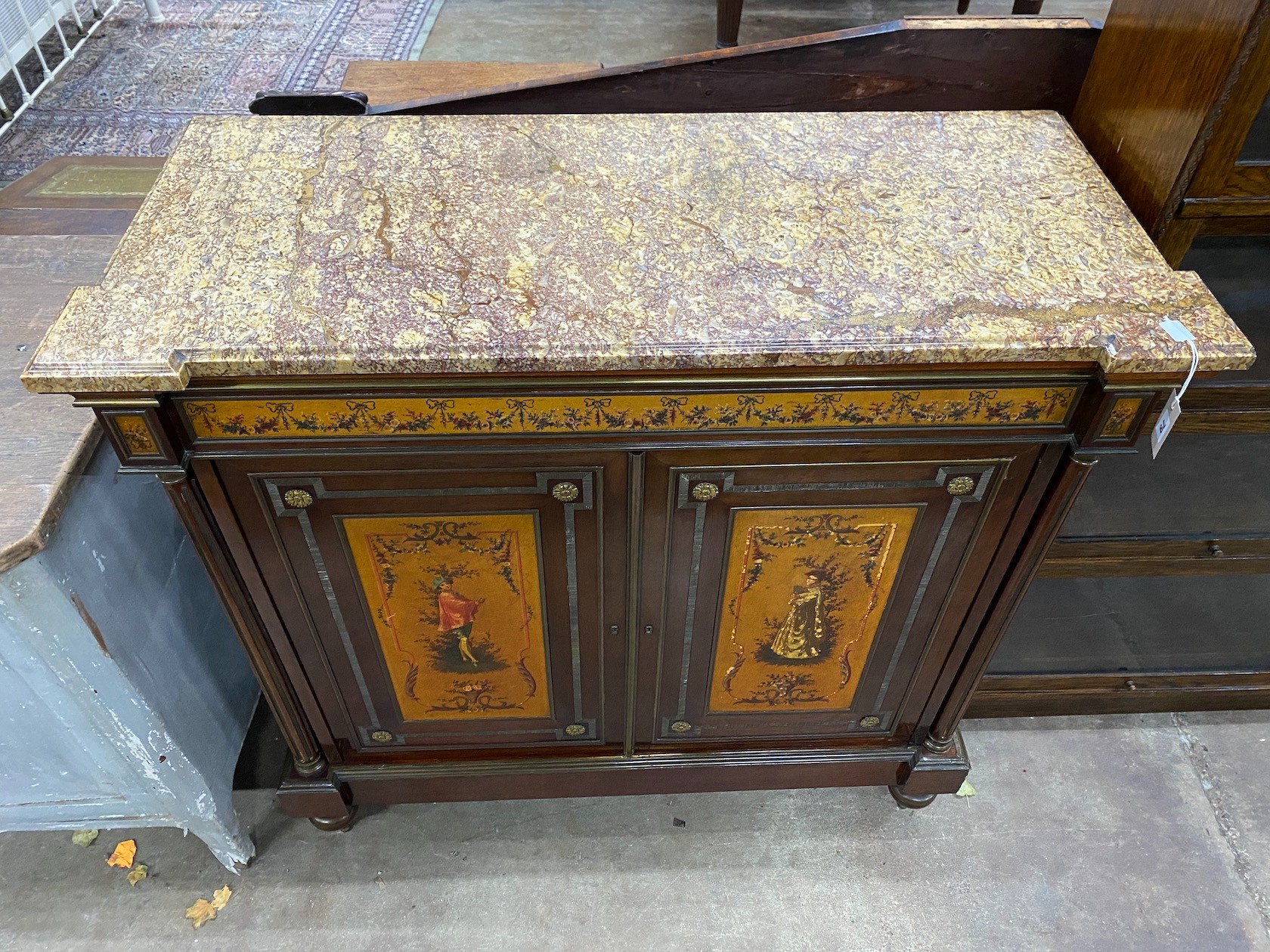 A French painted gilt metal mounted marble top side cabinet, width 118cm, depth 50cm, height 116cm